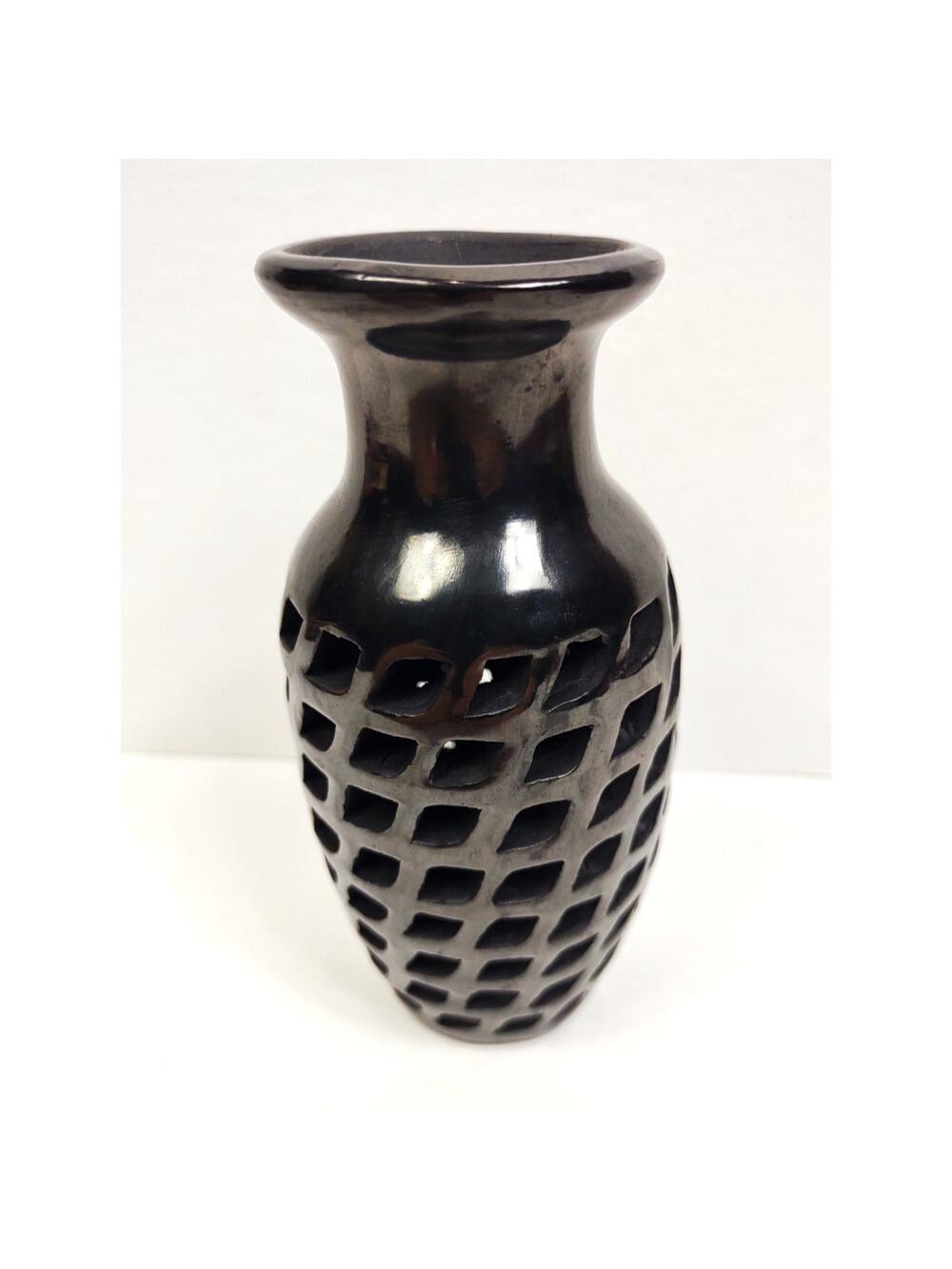 Oaxaca Mexico Art Dona Rosa Cut Out Pottery Vase Black 5.25 in Unique HTF Decor
